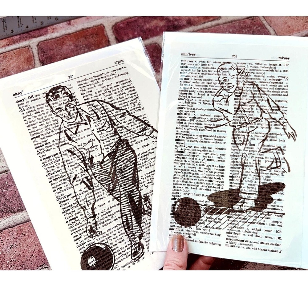 Bowling Theme Upcycled Dictionary‎ Art Prints Lot of 2 Sports Decor Vintage OOAK